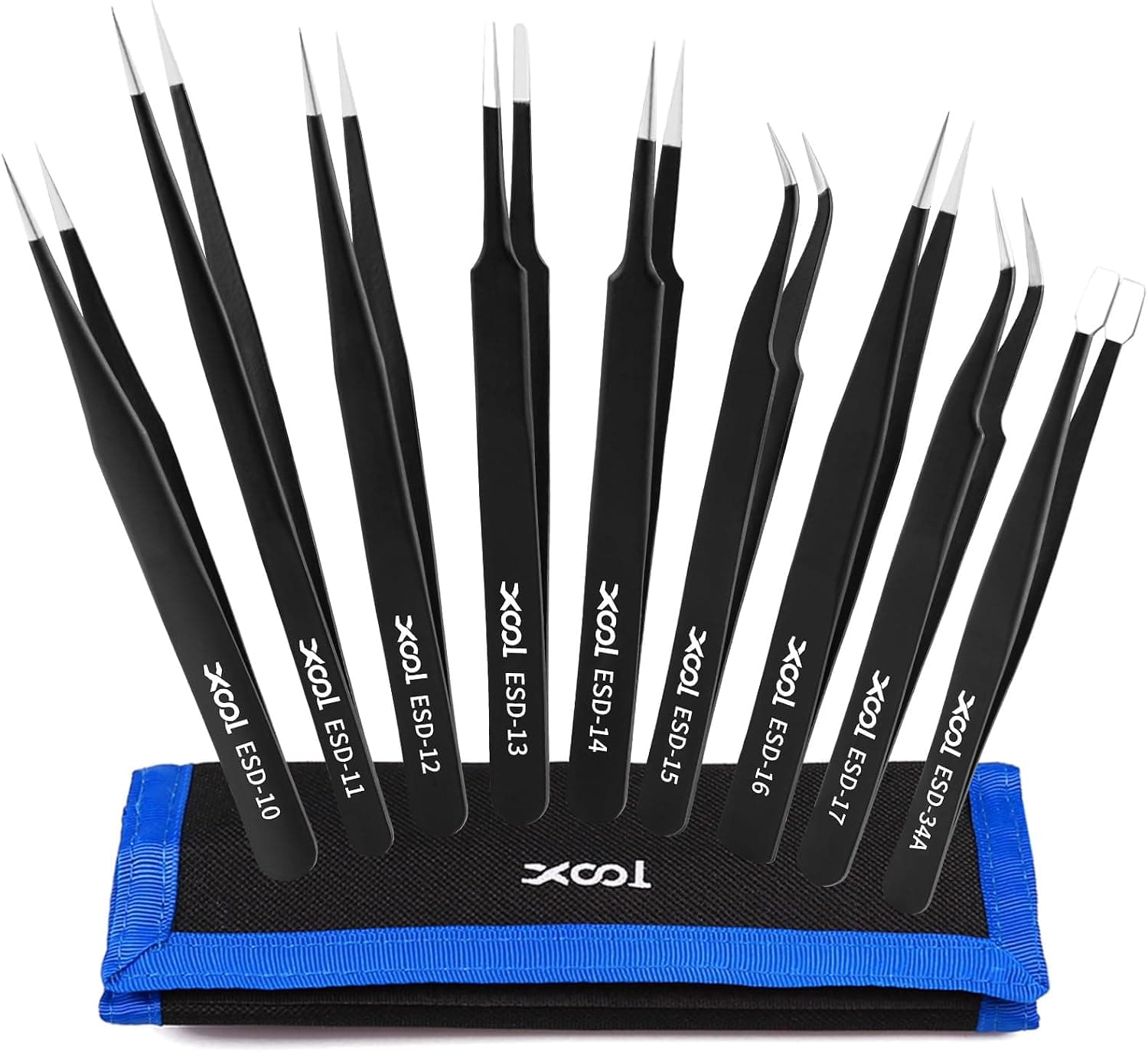 XOOL 9 PCS ESD Precision Tweezers Set, Anti-Static Stainless Steel for Electronics Soldering