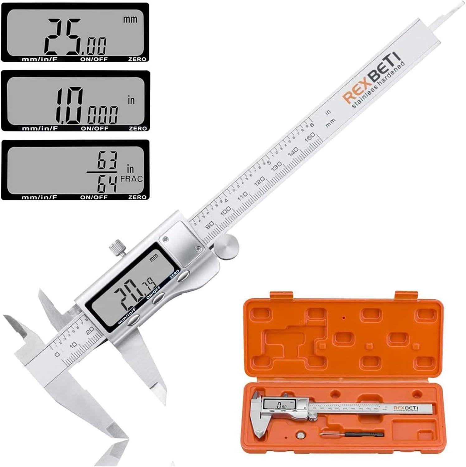 REXBETI Digital Caliper 6-Inch Stainless Steel Inch/MM/Fractions Measuring Tool