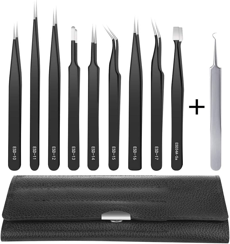 Anti-Static Precision Tweezers Set, 10 Pack ESD Kit, Non-magnetic Curved for Electronics Repair