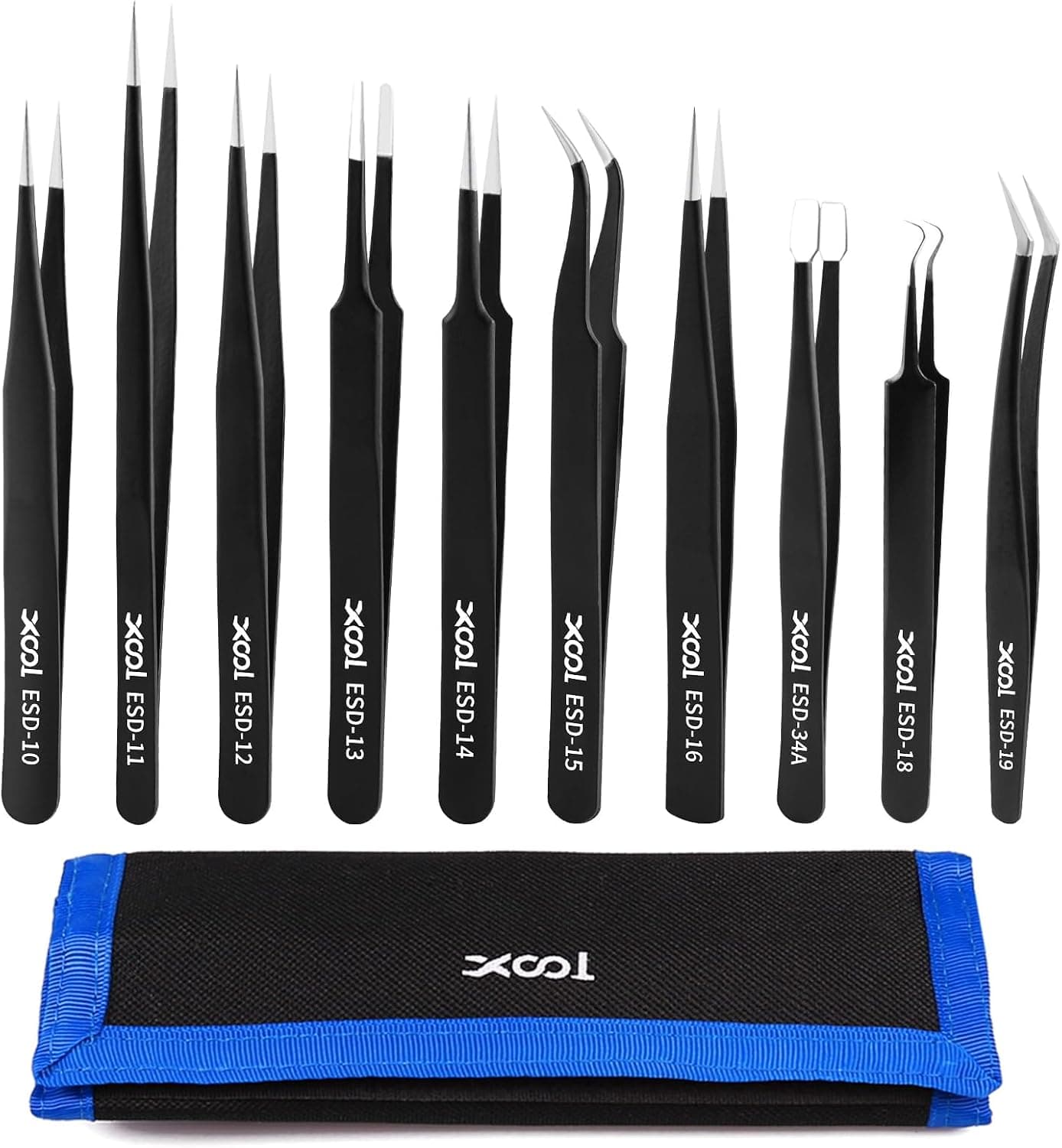 XOOL 10 PCS ESD Precision Tweezers Set, Anti-Static Stainless Steel for Electronics Model Building