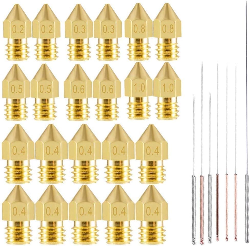 22pcs MK8 Brass Nozzles + 7pcs Cleaning Needles for Creality CR-10 ANET A8 (0.2-1.0mm)