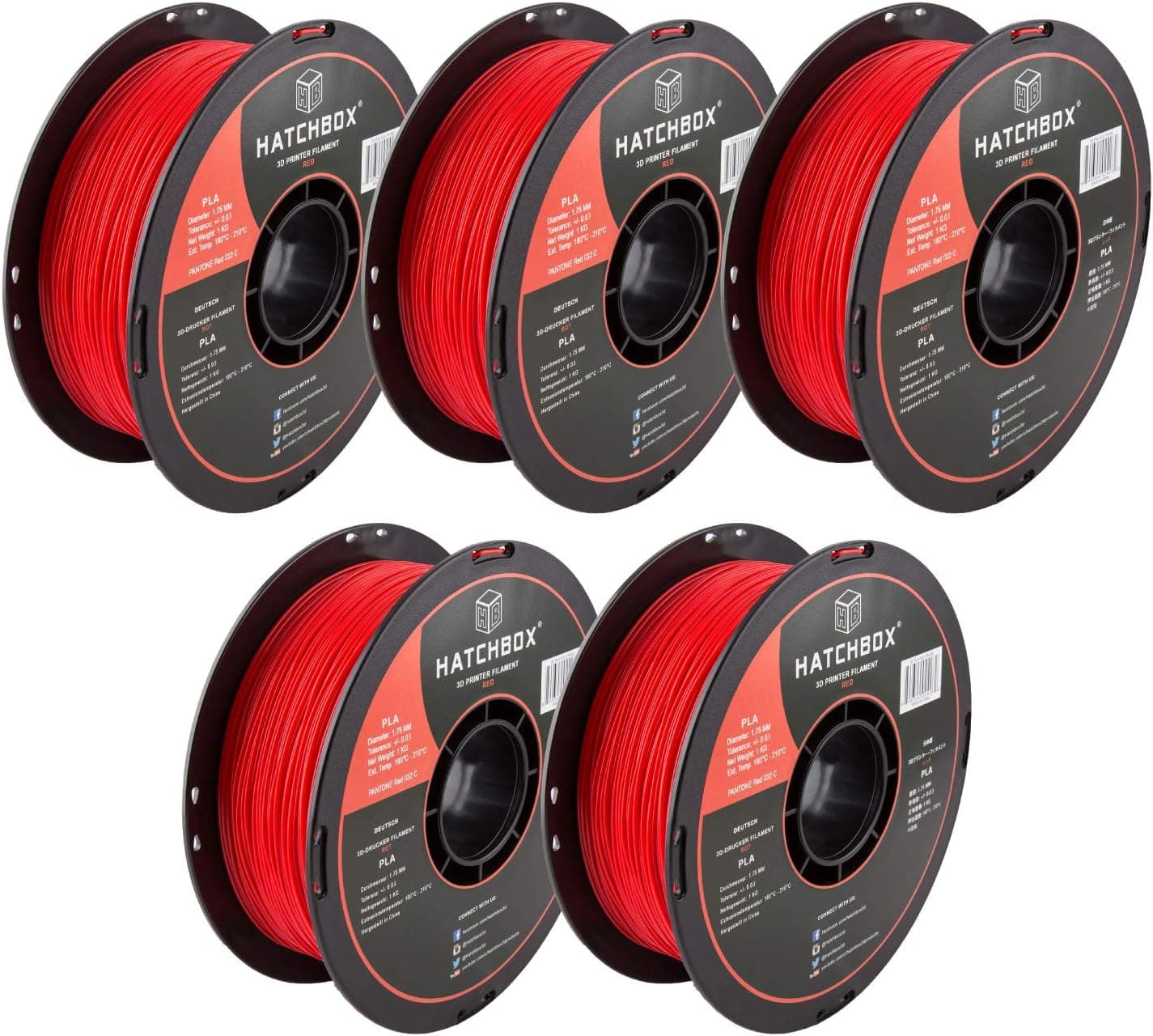 HATCHBOX 1.75mm Red PLA 3D Printer Filament - 1kg Spool (2.2 lbs)