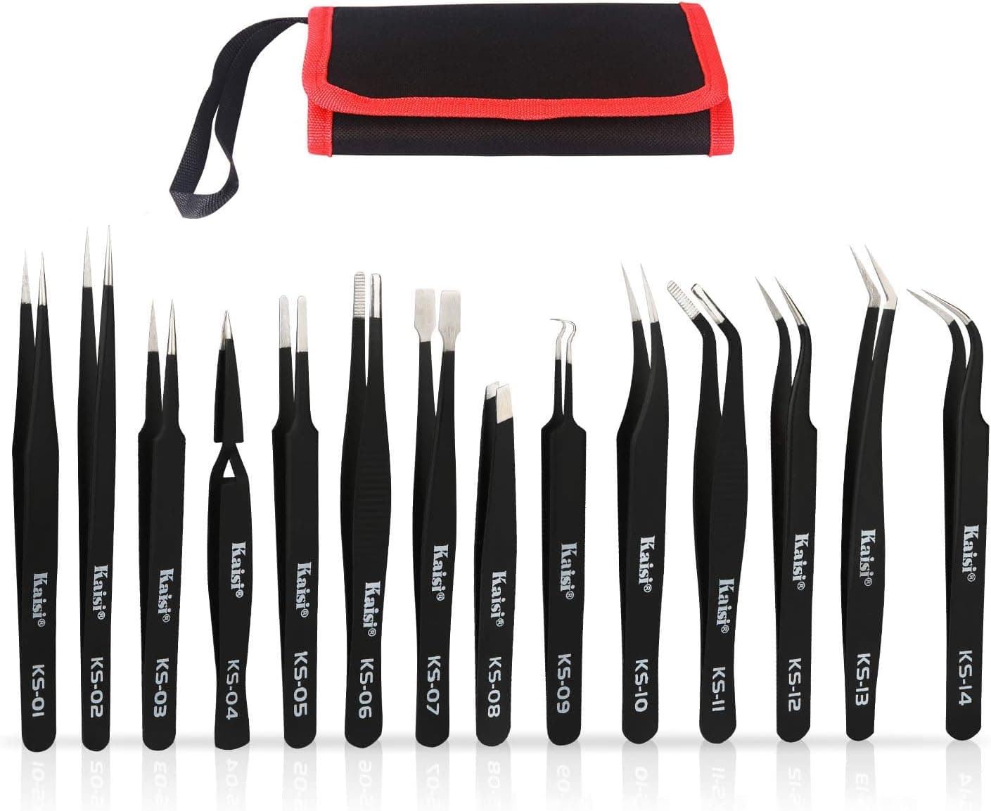 Kaisi 14 PCS Precision Tweezers Set, ESD, Anti-Static Stainless Steel for Craft Jewelry Electronics