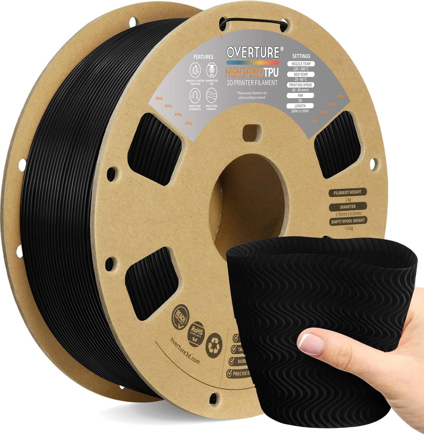 OVERTURE High Speed TPU 95A Flexible Filament 1.75mm, 1kg Black
