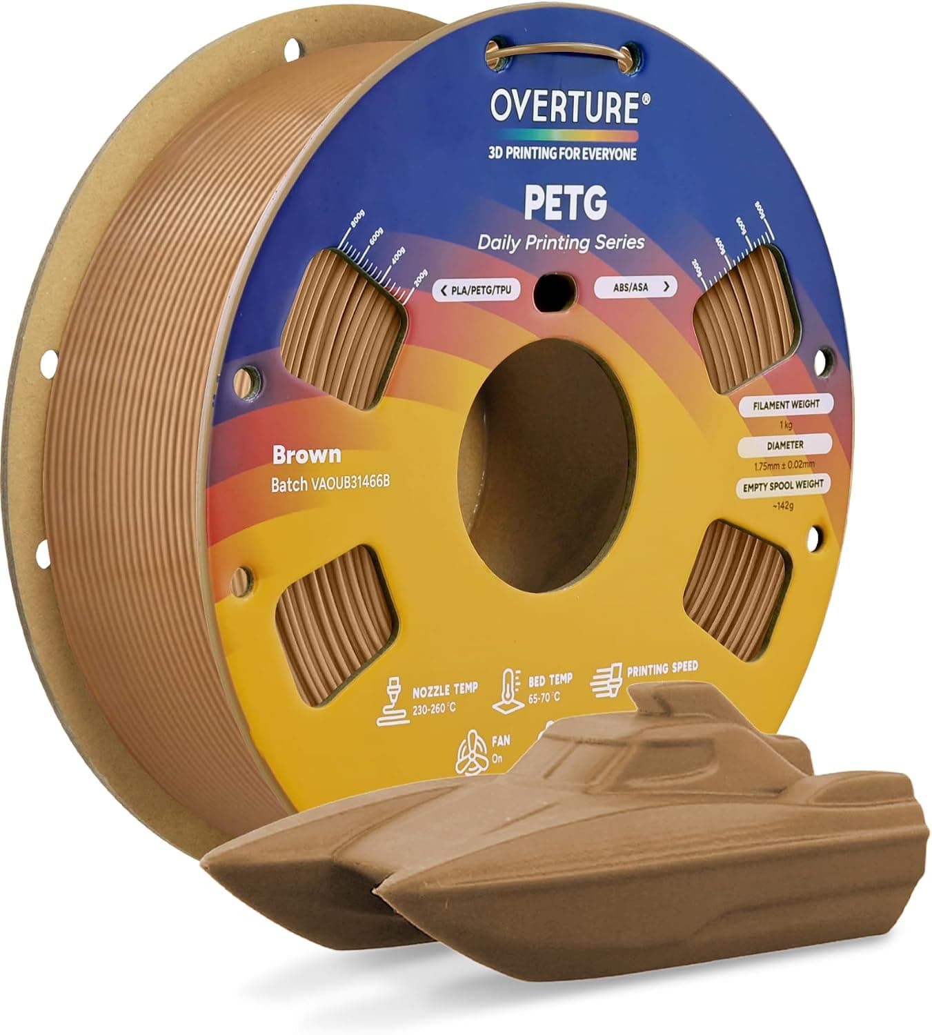 OVERTURE PETG Filament 1.75mm, High Speed, 1kg Spool, +/- 0.02mm (Brown)