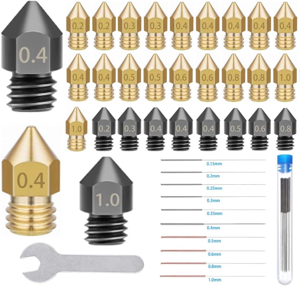 30PCS Hardened Steel + Brass MK8 Nozzles 0.2-1.0mm w/ Cleaning Tool Kit for Ender 3/CR-10