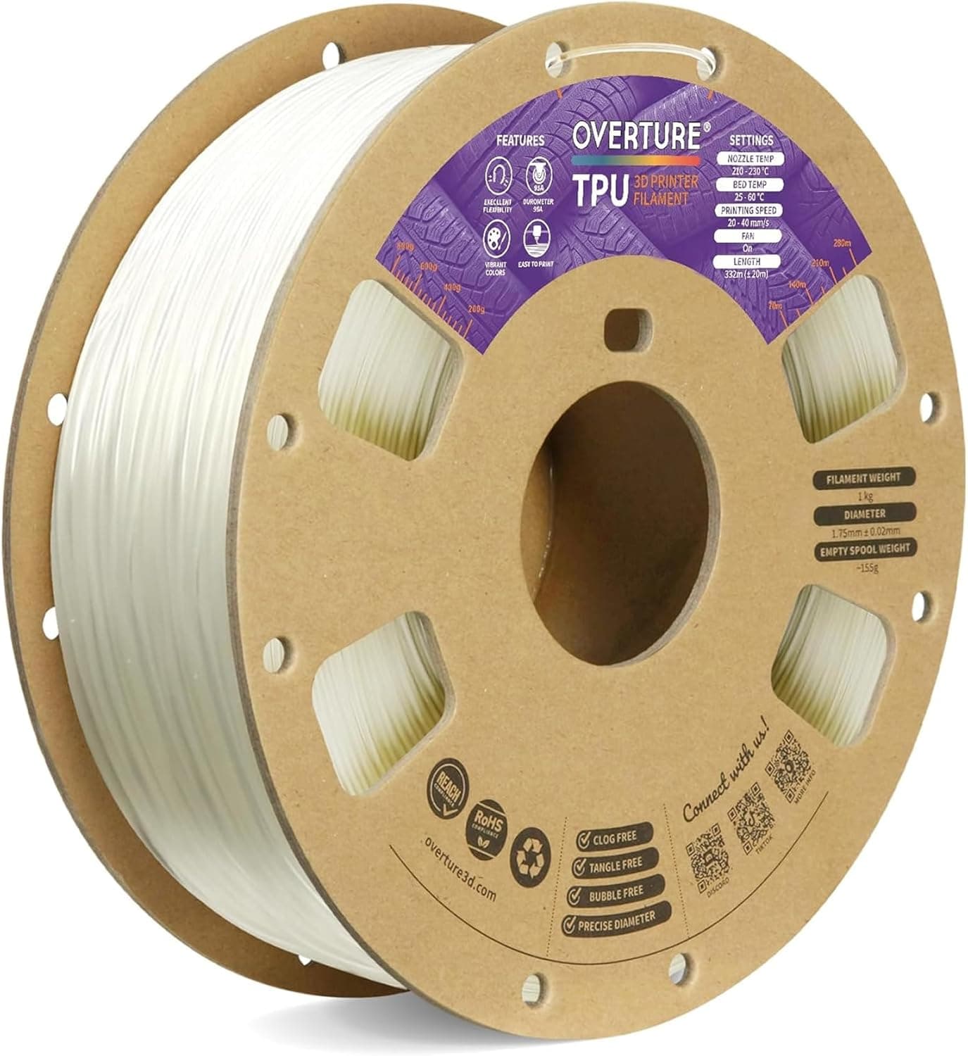 OVERTURE TPU 95A Flexible 3D Printer Filament 1.75mm, 1kg Spool, Transparent