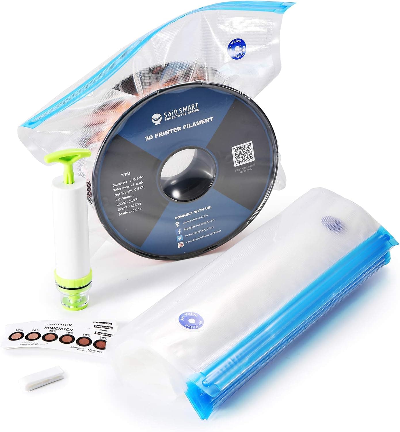 eVacuum 3D Printer Filament Storage Kit, 10 Bags, 15 Desiccants, 15 Humidity Cards, Hand Pump