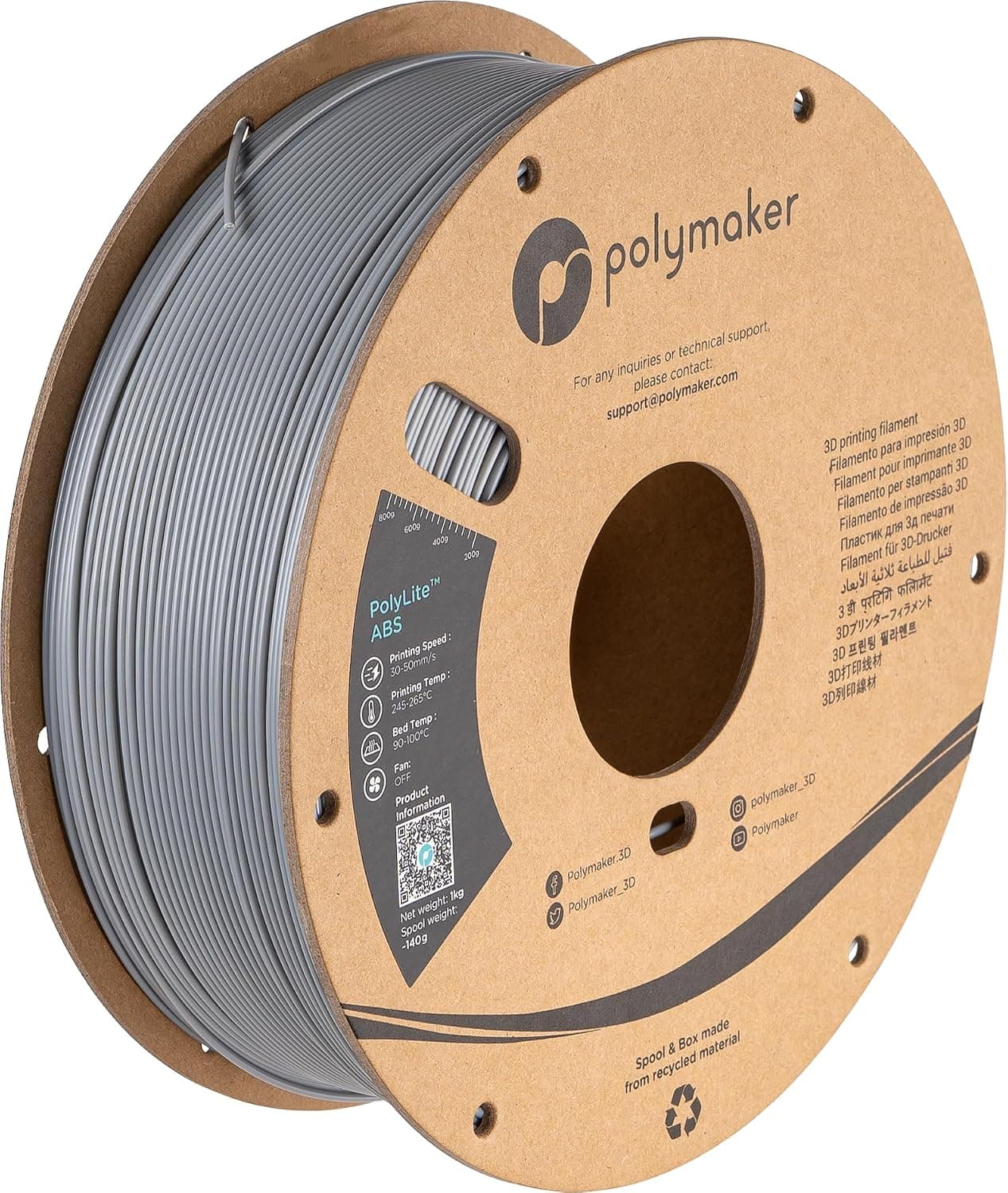 Polymaker ABS Filament 1.75mm Grey, PolyLite ABS 1kg, +/- 0.03mm
