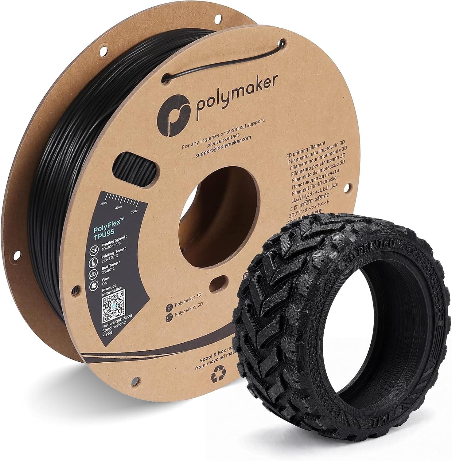 Polymaker TPU Filament 1.75mm Shore 95A 0.75kg Black, PolyFlex TPU95, UV Resistant