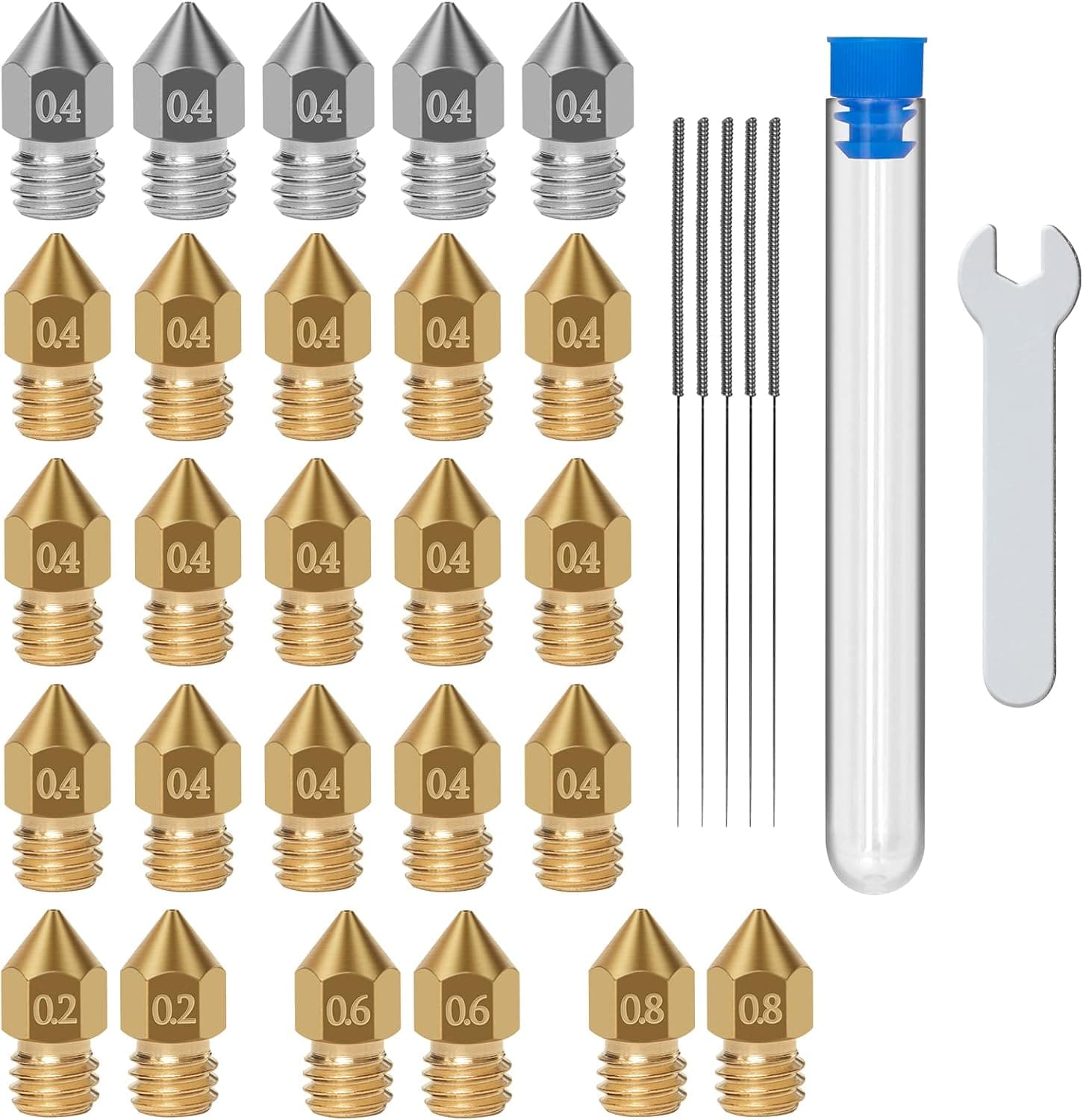 26PCS MK8 Nozzles Stainless/Brass + 5PCS Cleaning Needles + Wrench for CR-10 Ender 3 5