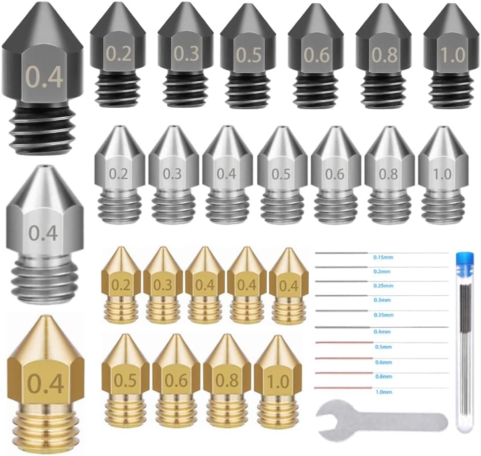 25PCS MK8 Nozzles Hardened/Stainless/Brass High Temp w/ Cleaning Tool Kit for Ender 3/CR-10