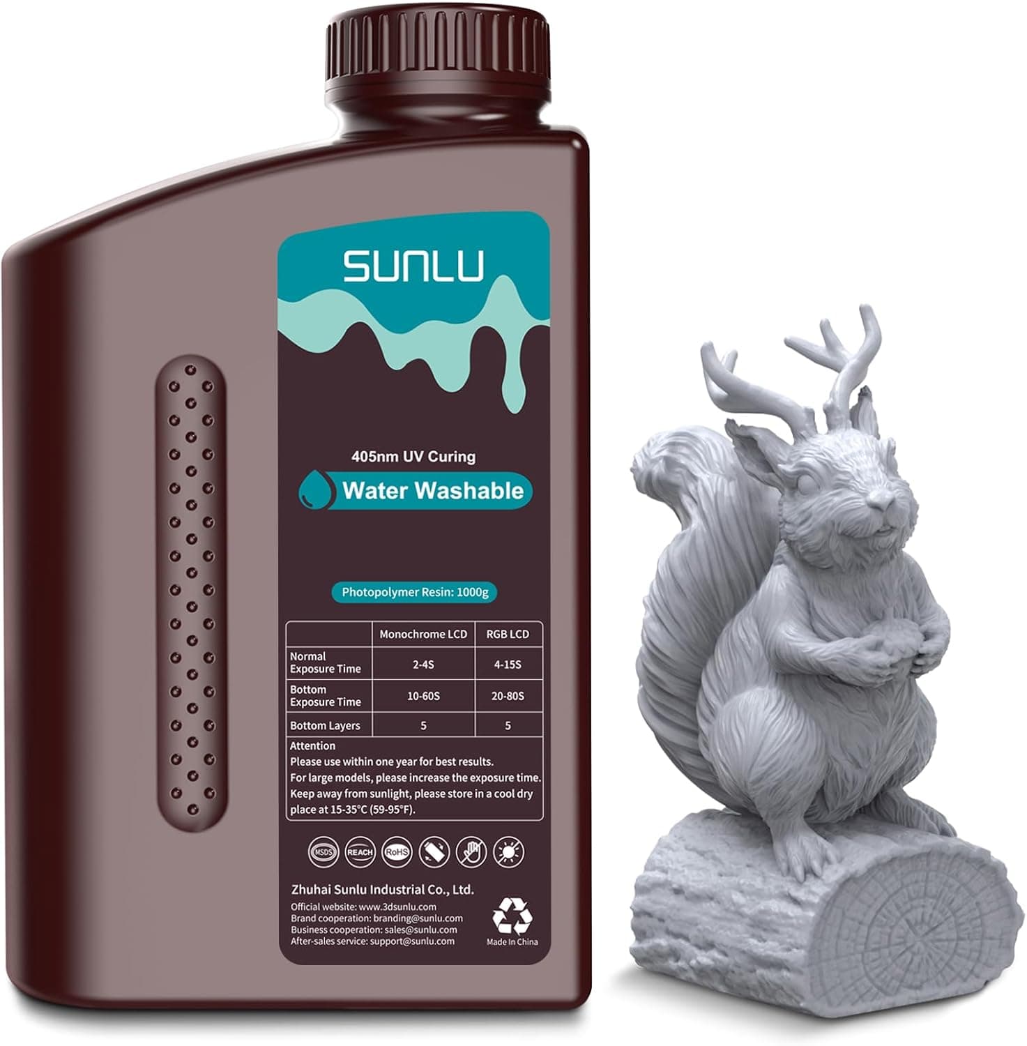 SUNLU Water Washable 3D Printer Resin 1kg Fast Curing 395-405nm White