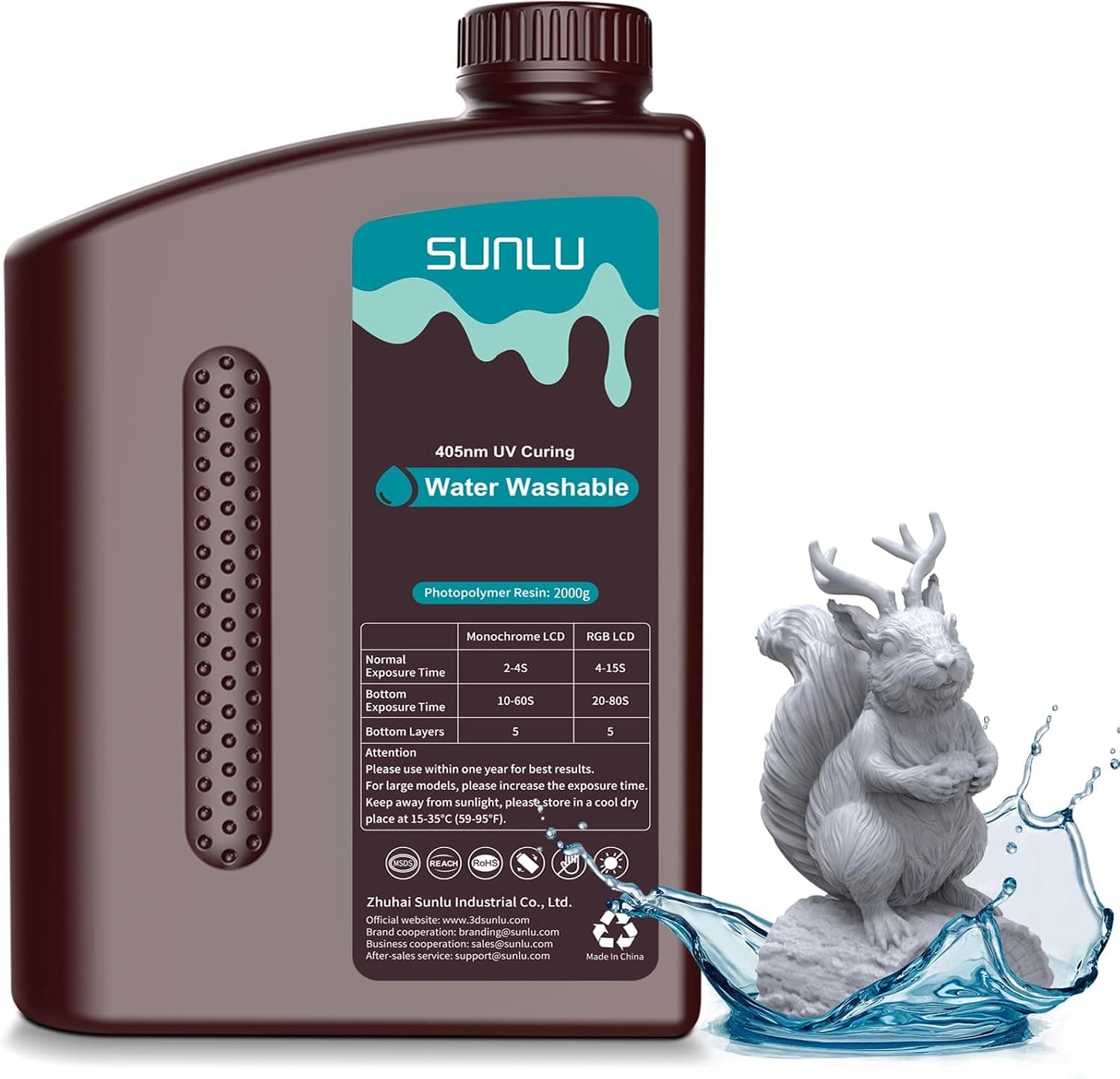 SUNLU Water Washable 3D Printer Resin 2kg Low Shrinkage Grey 2000g