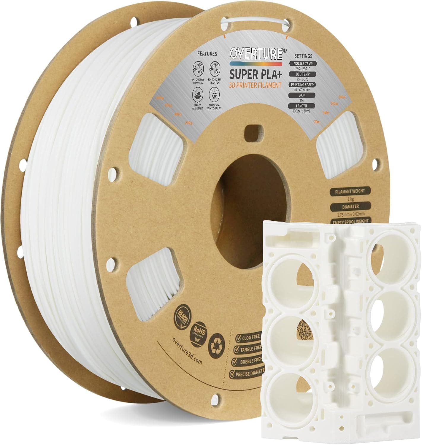 OVERTURE Super PLA+ Filament 1.75mm Toughness Enhanced White 1kg +/-0.02mm