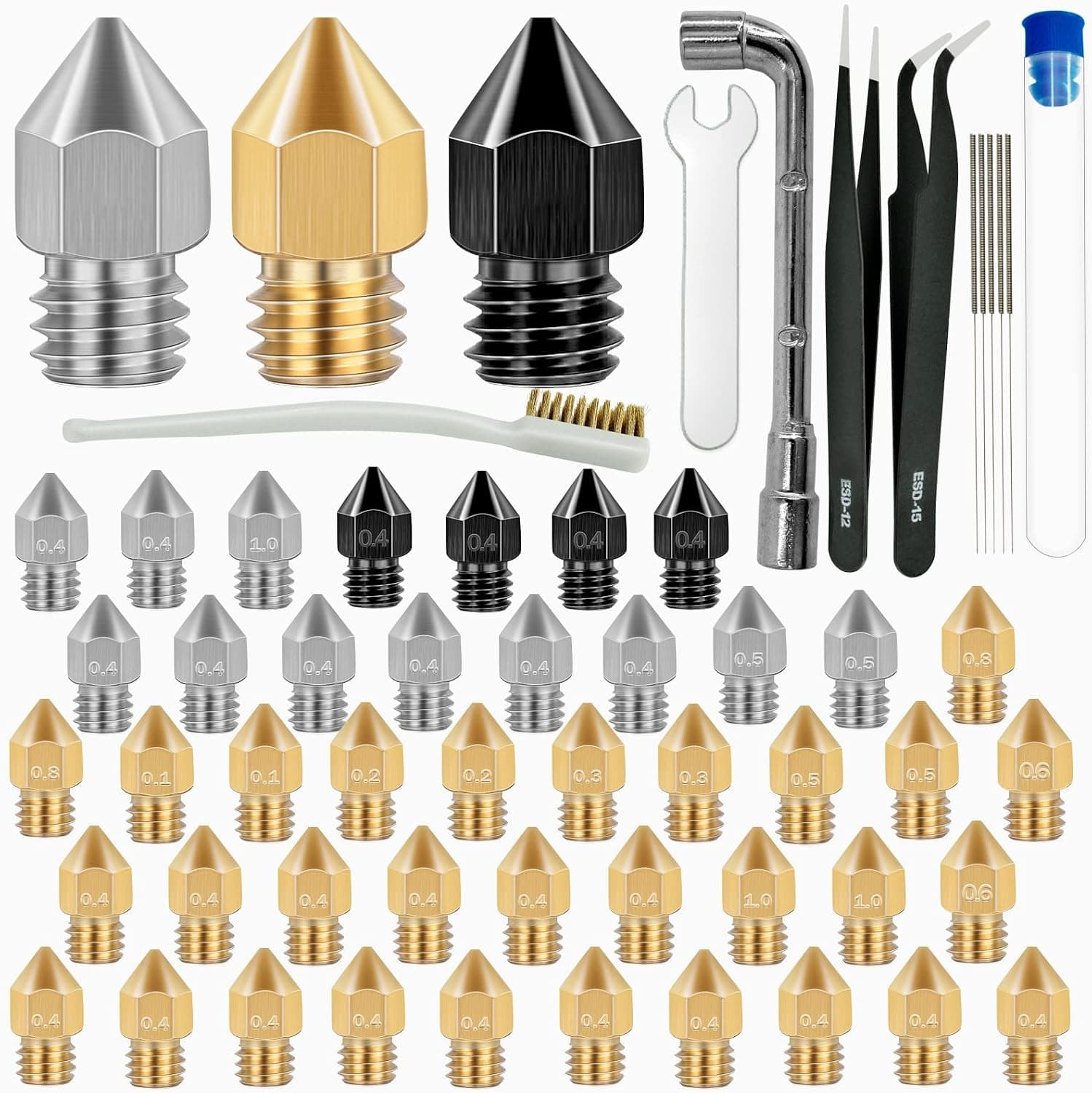 50 Pcs Nozzles Hardened/Stainless/Brass Set for CR-10, Ender 3 + MK8 Cleaning Kit