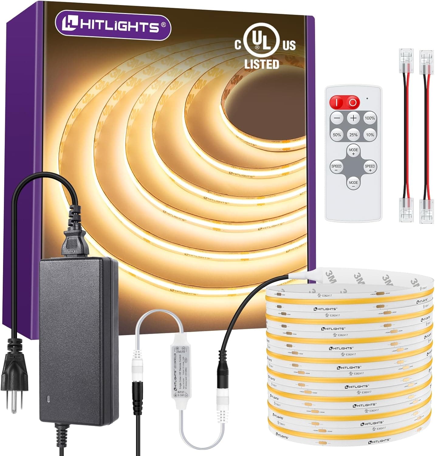 HitLights COB LED Strip Lights Kit Warm White with Remote & 24V Power Supply 16.4ft 3000K