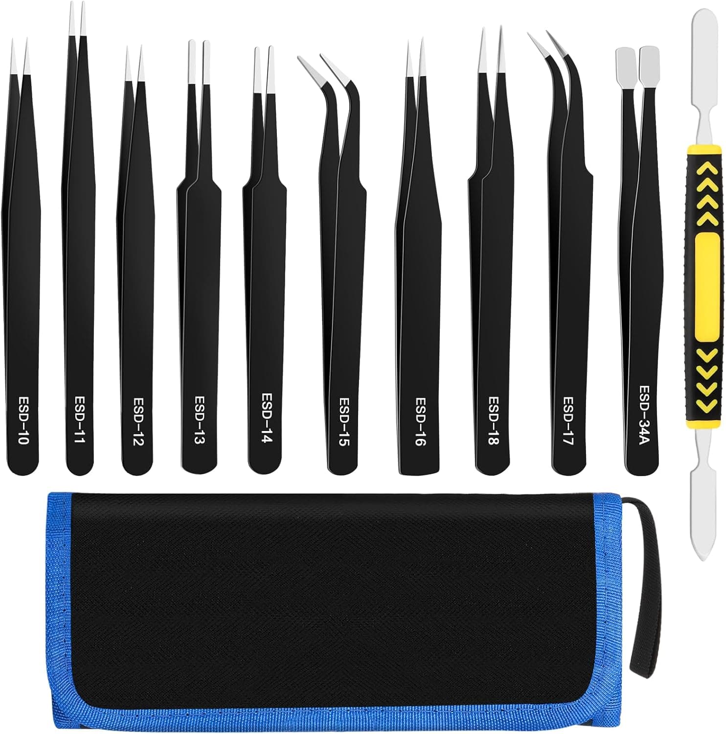 11 PCS Precision Tweezers Set, ESD, Anti-Static Stainless Steel with Storage Bag for Lab