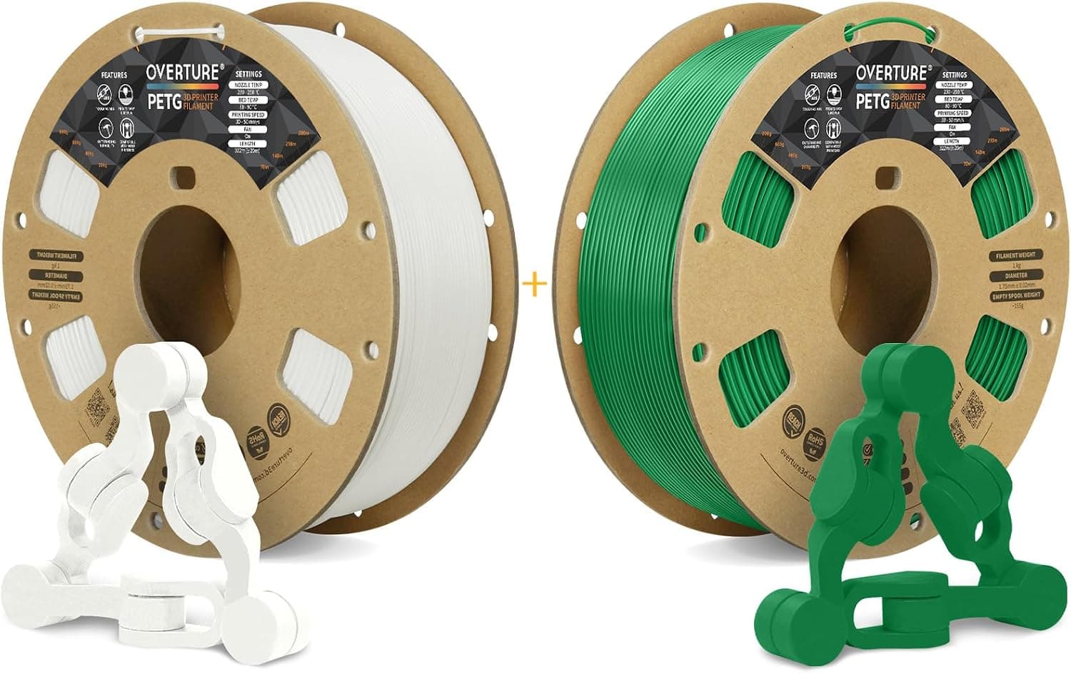 OVERTURE 2kg PETG Filament, 1.75mm, White + Green, Pack of 2