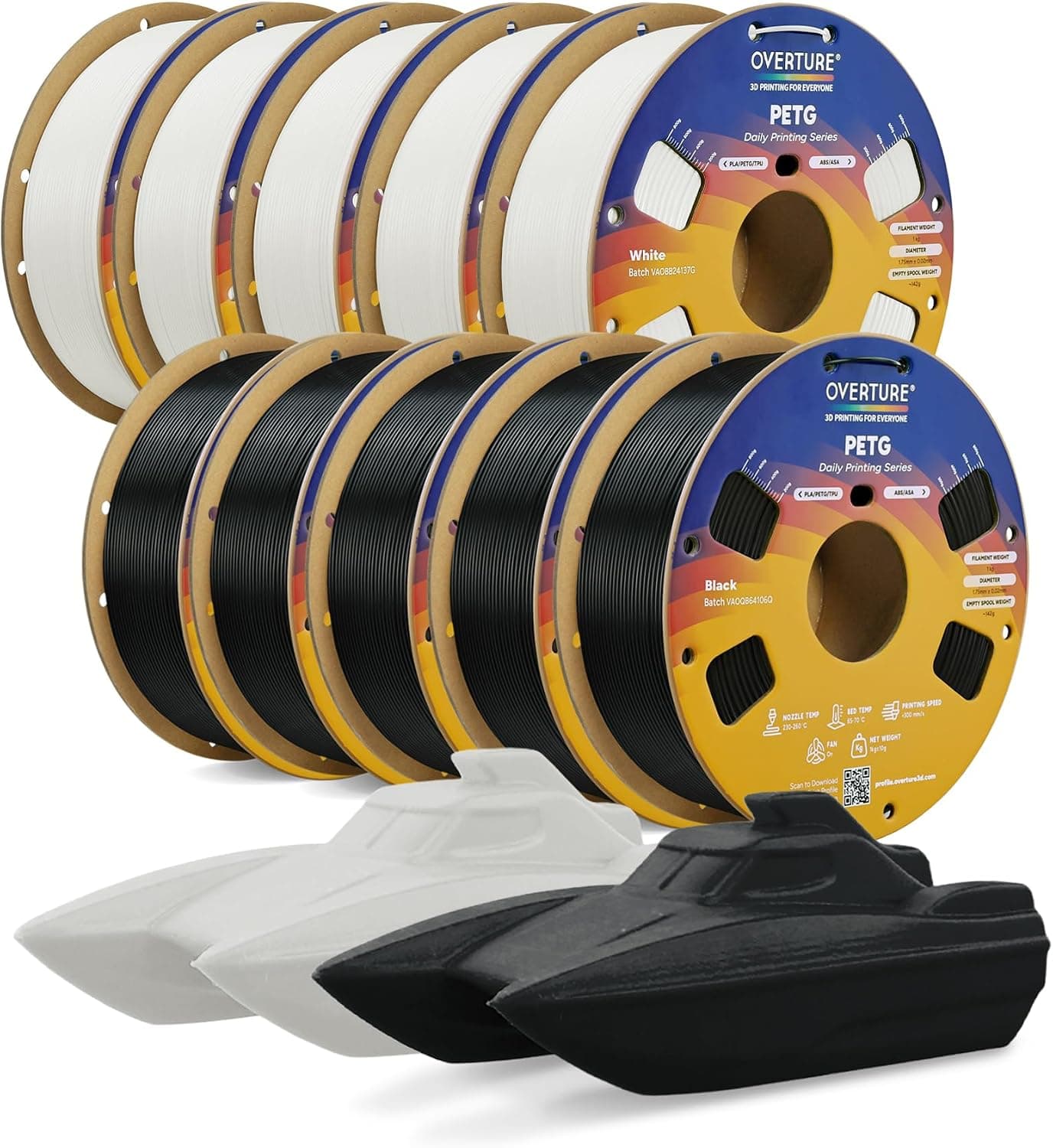 OVERTURE PETG Filament 1.75mm Bundle 10kg, 10 Pack 1kg, Black*5+White*5