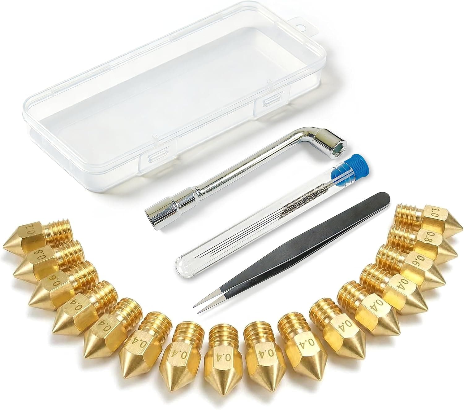 LKNNEASTO 16PCS MK8 Brass Nozzles 0.2-1.0mm w/ Wrench, Tweezers, Needles + Box for Ender 3/CR-10