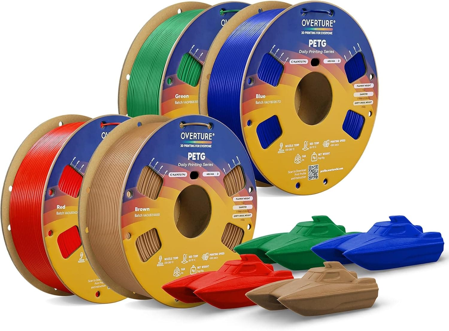 OVERTURE PETG Filament 1.75mm Bundle 4kg, Red+Brown+Green+Blue