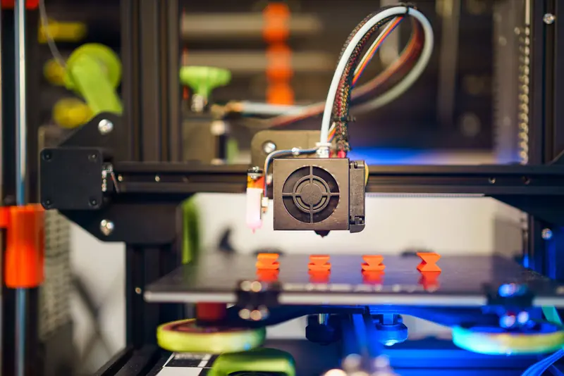 Detailed view of a 3D printer in action, fabricating small plastic pieces indoors