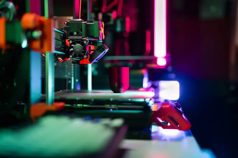 Close-up of a modern 3D printer in a workshop, highlighted by neon lighting