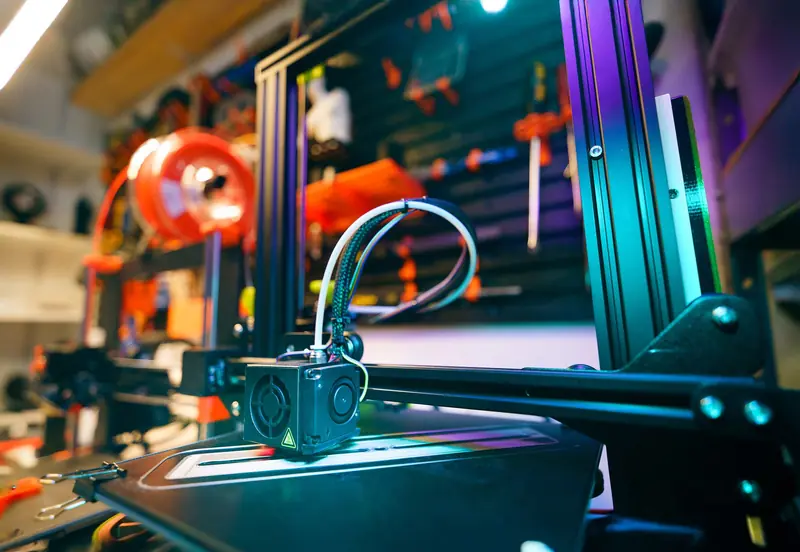 A close-up shot of a 3D printer in a vibrant and modern workshop environment