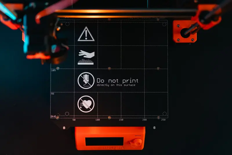 3D printer build plate with warning symbols, showcasing high-tech equipment in a workspace