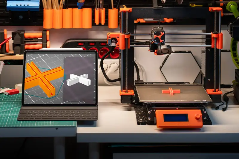 Workspace featuring a 3D printer and computer showcasing 3D models, illustrating modern technology in action
