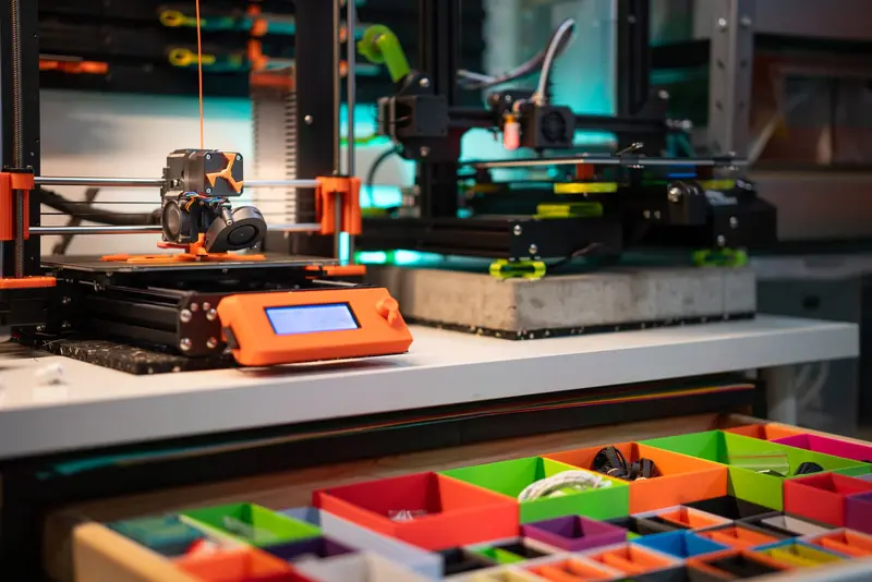 Vibrant 3D printing station showcasing modern equipment and organized storage boxes