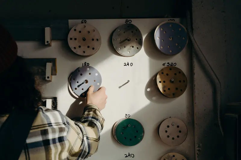 A person in a carpentry workshop selects sandpaper disks from a board in warm lighting